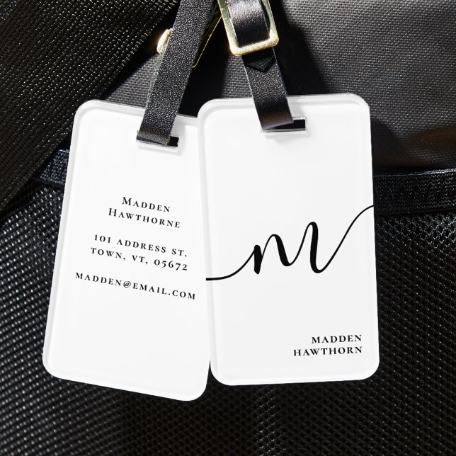 Modern Monogram-skriptkalligrafi svart vit Bagagebricka (Skapare uppladdad)
