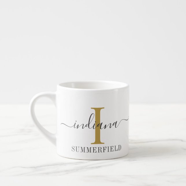 Modern monogram skriptnamn guldinitial espressomugg (Vänster)