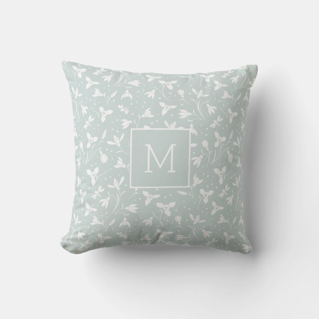 Modern Monogram Snowdroppe Mönster. Light Sage Grö Kudde (Framsida)