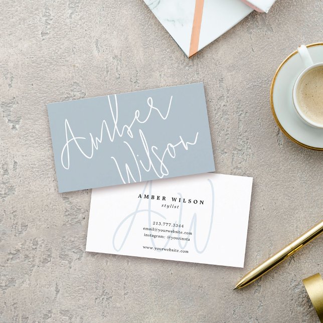 Modern monogram Snyggt Trendig Blue Visitkort (Modern Monogram Script Stylish Trendy Blue Business Card)