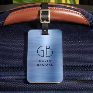 Modern Monogram Steel Blue Brushed Glam Metallic Bagagebricka