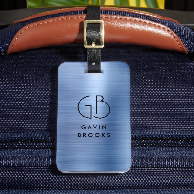 Modern Monogram Steel Blue Brushed Glam Metallic Bagagebricka (Framsida Insitu 2)
