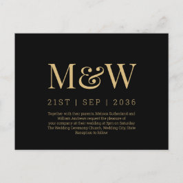 Modern Monogram Svart Guld Bröllopsinbjudan Vykort