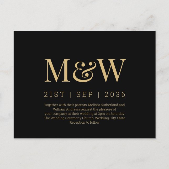 Modern Monogram Svart Guld Bröllopsinbjudan Vykort (Framsida)