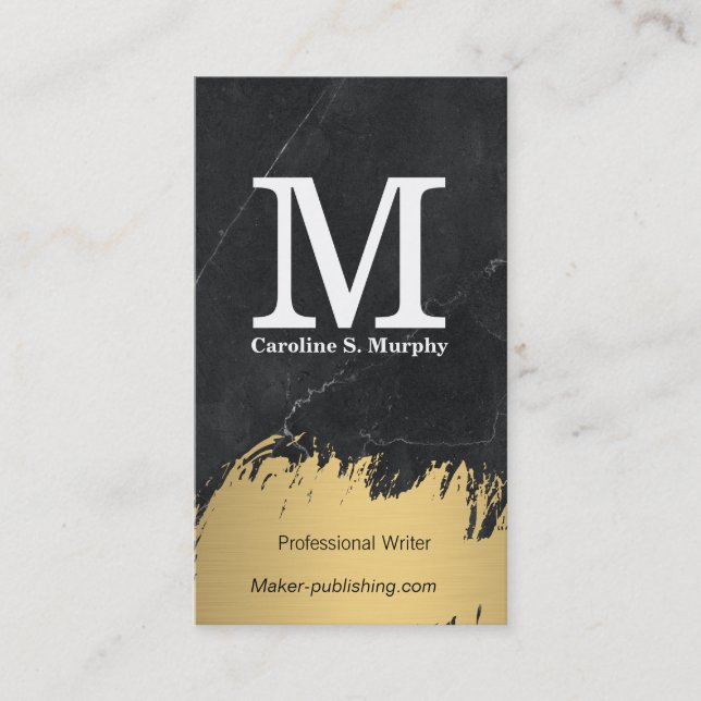 Modern Monogram | Svart marmor | Guld Brushed Visitkort (Framsida)