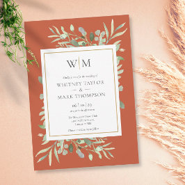 Modern Monogram Terracotta Greenery Bröllop Inbjudningar