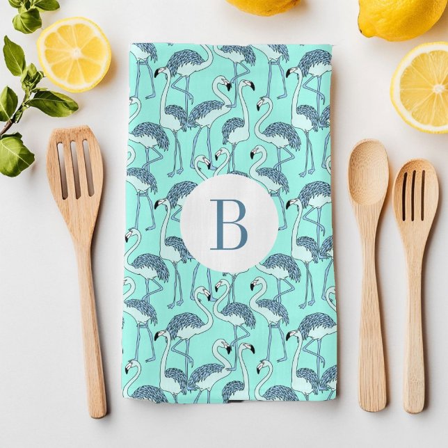 Modern Monogram Tropical Flamingos Mönster Kökshandduk (Modern Monogram Tropical Flamingos Pattern Kitchen Towel)