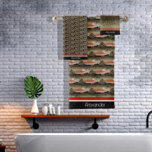 Modern monogram Trout Fish Design Black White Rust