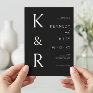 Modern monogram Typography Black White QR Bröllop Inbjudningar