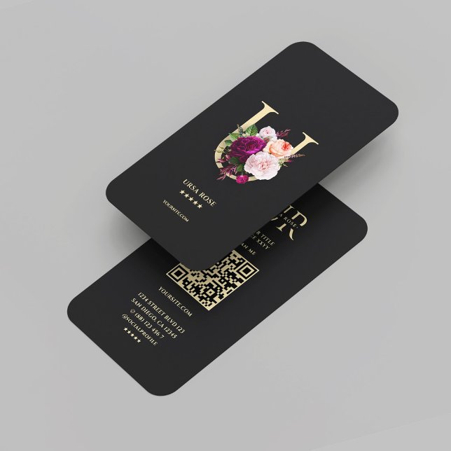 Modern Monogram U Elegant Blommigt Black Guld Visitkort (Modern Monogram U Elegant Floral Black Gold Business Card
)