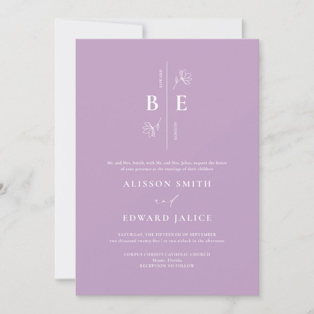 Modern Monogram Vapensköld Lavender Lilac Bröllop Inbjudningar (Framsida)