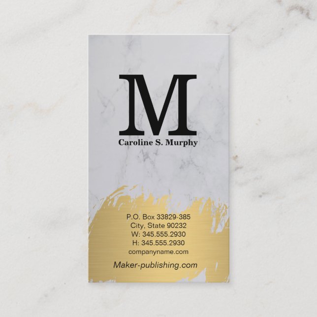 Modern Monogram | Vit marmor | Guld Brushed Visitkort (Framsida)