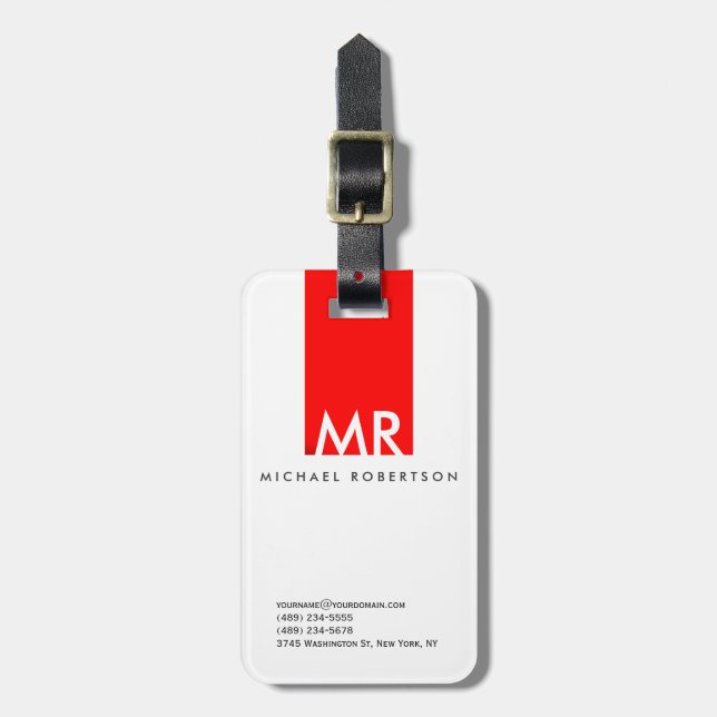 Modern monogram vit röd minimalist bagagebricka (Vertikal Framsida)