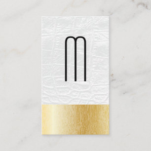 Modern Monogram Vitt läder Trä Grain Linjer Visitkort