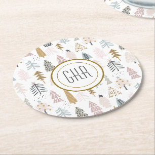 Modern Monogram, Whimsical Winter Träd Underlägg Papper Rund