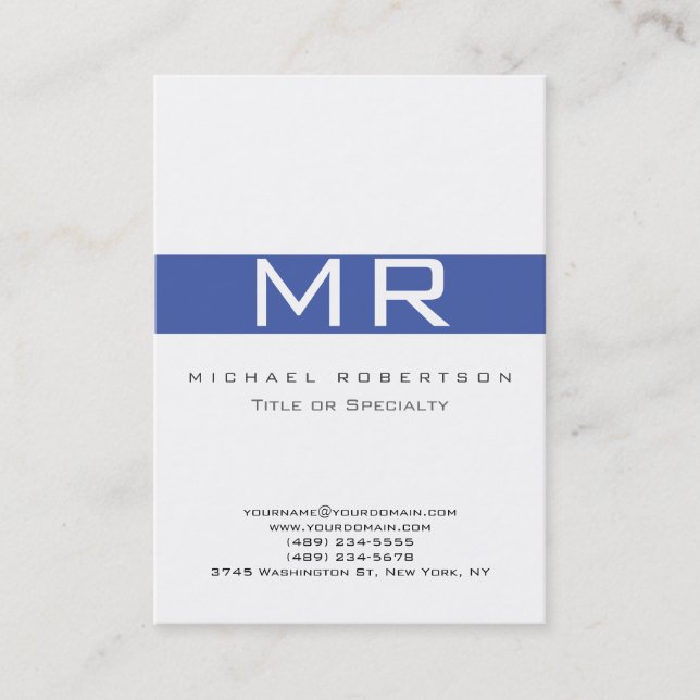 Modern monogram White Blue-Affärskort Visitkort (Framsida)