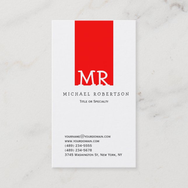 Modern monogram White Red Clean Affärskort Visitkort (Framsida)