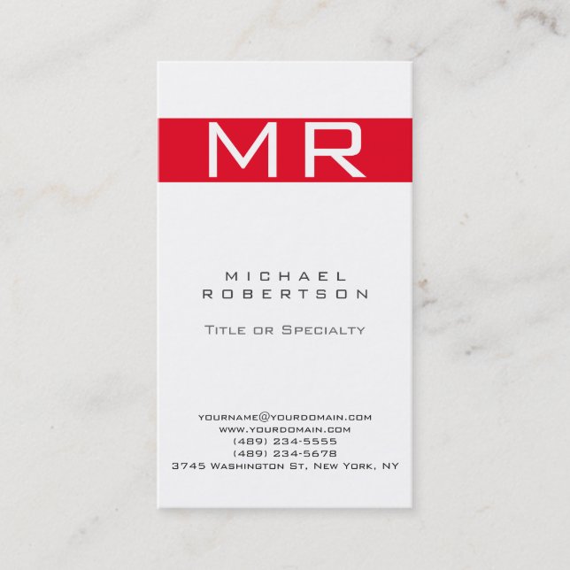 Modern Monogram White Red Rand Affärskort Visitkort (Framsida)