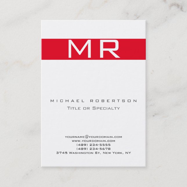 Modern Monogram White Red Rand Affärskort Visitkort (Framsida)