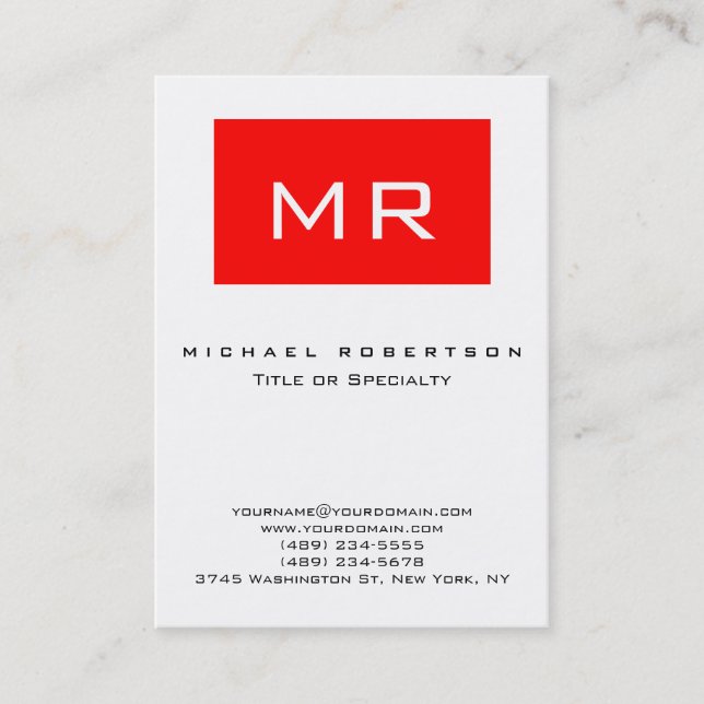 Modern Monogram White Red Rand Affärskort Visitkort (Framsida)