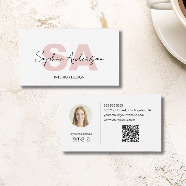 Modern Monogram White Rosa Professionell Visitkort (Modern Monogram White Pink Professional Business Card)