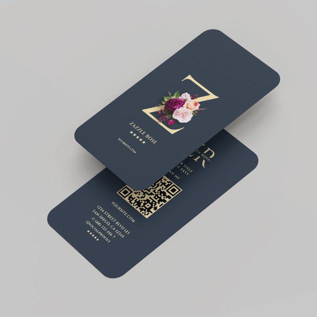 Modern Monogram Z-Blommigt Mörk blått Guld Visitkort (Modern Monogram Z Floral Dark Blue Gold Business Card
)