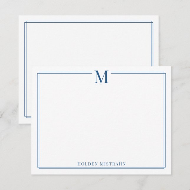 Modern monograminitial blå kant pappersvaror anteckningskort (Fram/baksida)