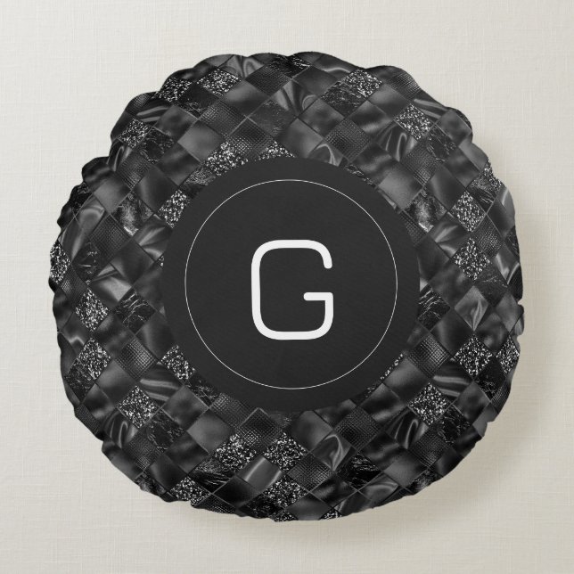 Modern monogrammad Black Faux Glitter Mönster Rund Kudde (Framsidan)