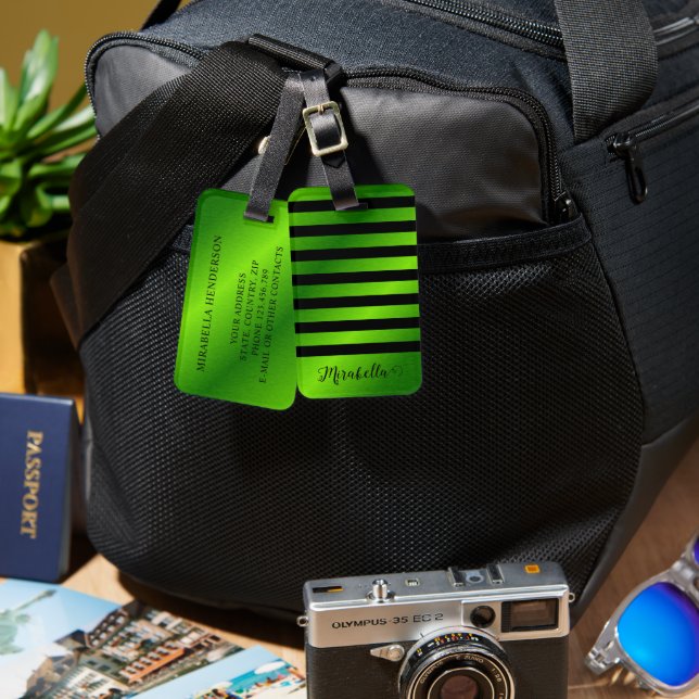 Modern monogrammad ljus Lime Green Bagagebricka (Fram & Baksida)