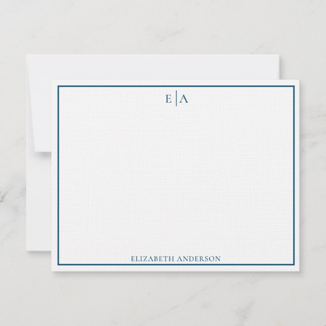 Modern monogrammad marin blå, enkel ruta Gräns Anteckningskort (Framsida)