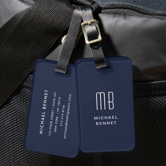 Modern monogrammad marinblå bagagebricka (Modern Monogrammed Navy Blue Luggage Tag)