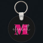 Modern monogrammad nyckelring<br><div class="desc">Snyggtens monogram initial och ditt första namn i chicens rosa och vita bokstäver på svart visas på denna roligtens nyckelring.</div>