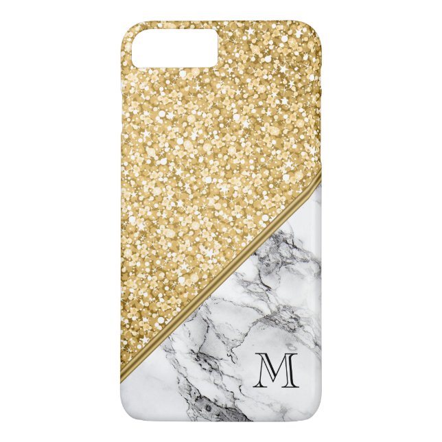 Modern monogrammad Svartvit marmor Guld Glitter Case-Mate iPhone Skal (Baksida)