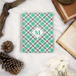Modern monogrammad Teal Grönt Play Tartan Mönster Anteckningsbok