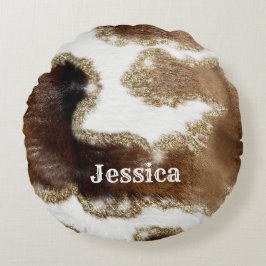 Modern Monogrammed Cowhide Mönster med Fake Glitt Rund Kudde