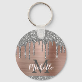 Modern Monogrammed Silver Glitter Drives Rosa Meta Nyckelring