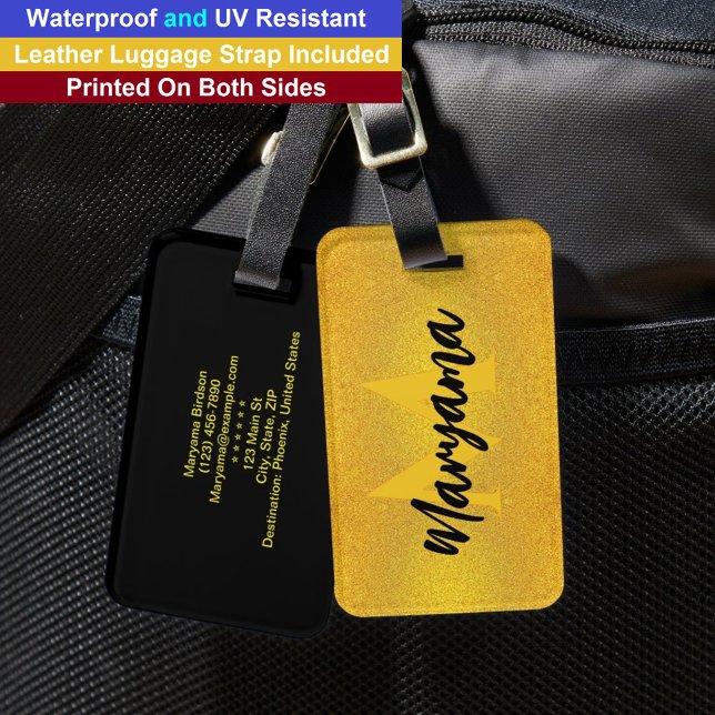 Modern monogramnamn | Lyxigt svart och guldinitial Bagagebricka (Monogram Name Travel Tag
)