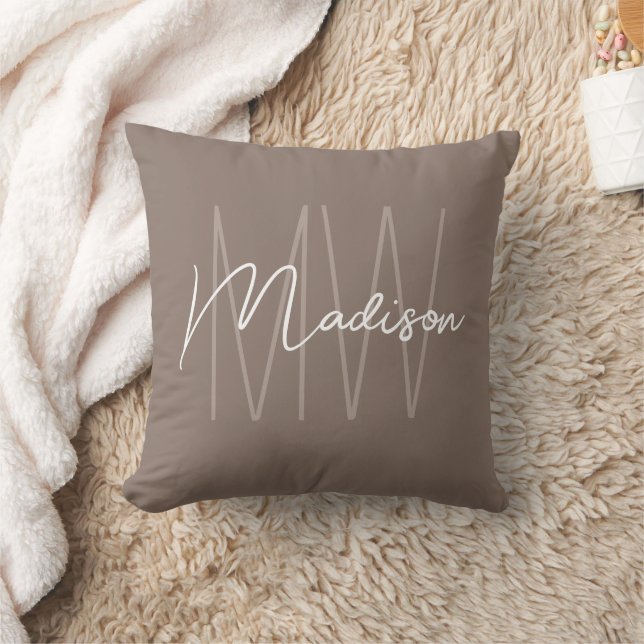 Modern monogramnamnskrift taupe kudde (Filt)