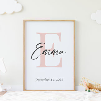 Modern monogramutskrift av baby Namn och födelseda Poster
