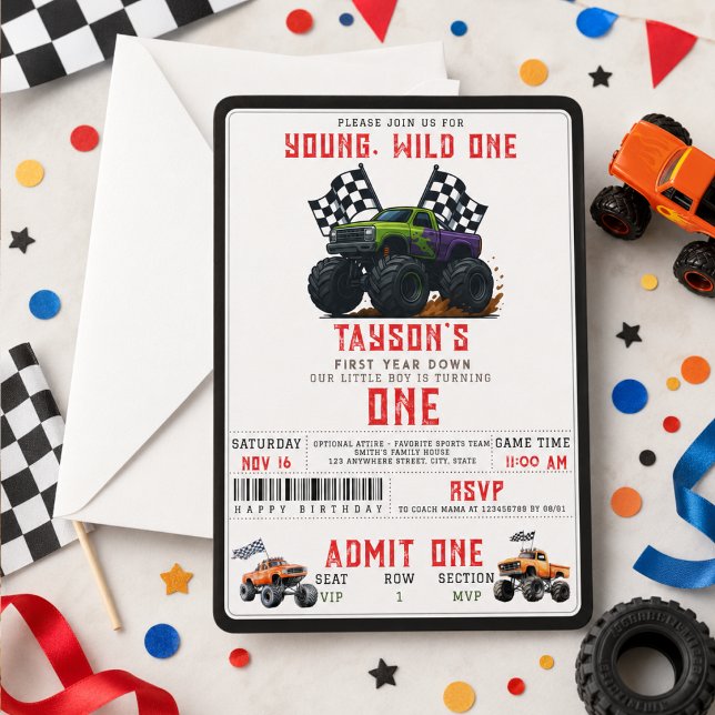 Modern Monster Trucks 1-årsfest Inbjudningar (Modern Monster Trucks 1st Birthday Party Invitation
)