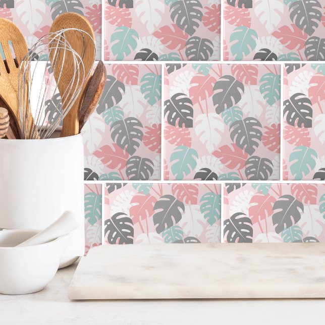 Modern Monstera Löv Mönster Tropical Kakelplatta (Trendy Modern Monstera Leaf Tropical Pattern Ceramic Tile)