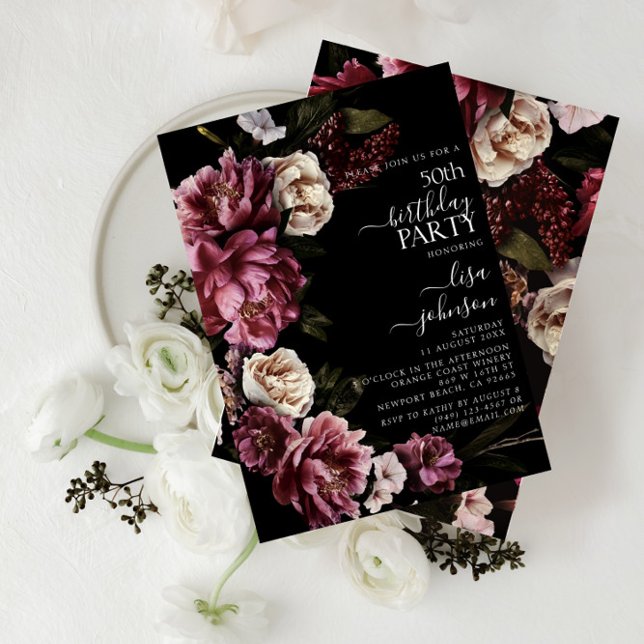 Modern Moody burgundisk  Blommigt vid 50:e födelse Inbjudningar (Skapare uppladdad)
