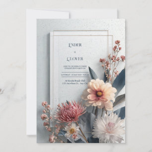 Modern Moody Dahlia Rosa Blå Guld Ram Bröllop Inbjudningar