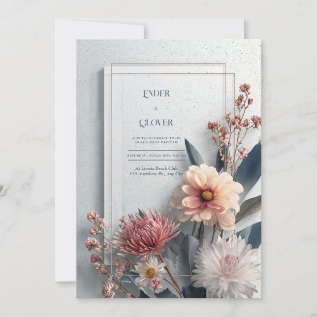 Modern Moody Dahlia Rosa Blå Guld Ram Bröllop Inbjudningar (Framsida)
