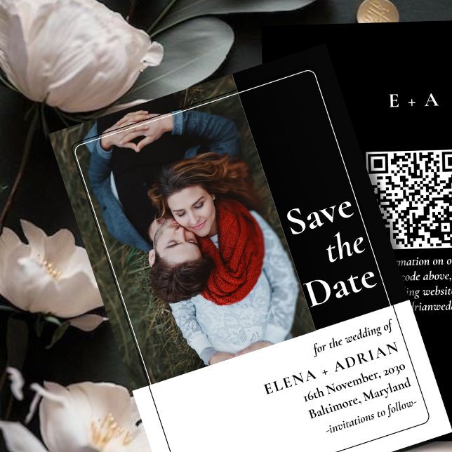 Modern Moody Photo Save the Date with QR Code Spara Datumet (Skapare uppladdad)