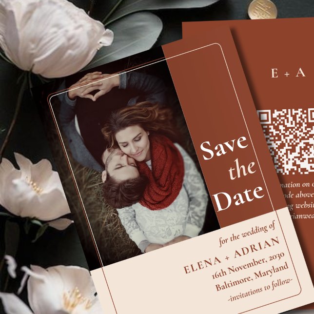 Modern Moody Photo Save the Date with QR Code Spara Datumet (Skapare uppladdad)
