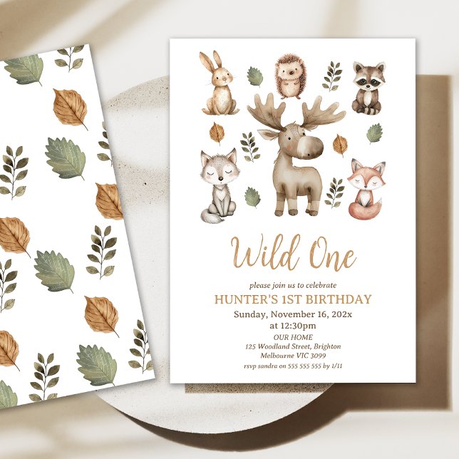 Modern Moose Woodland Vild ett första födelsedag Inbjudningar (Woodland Wild One 1st Birthday Party Invitation, Woodland Wild One Birthday Invitation, Wild One )