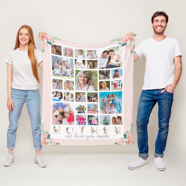 Modern MOR Photo Collage  Rosa Blommigt Fleecefilt (På plats)