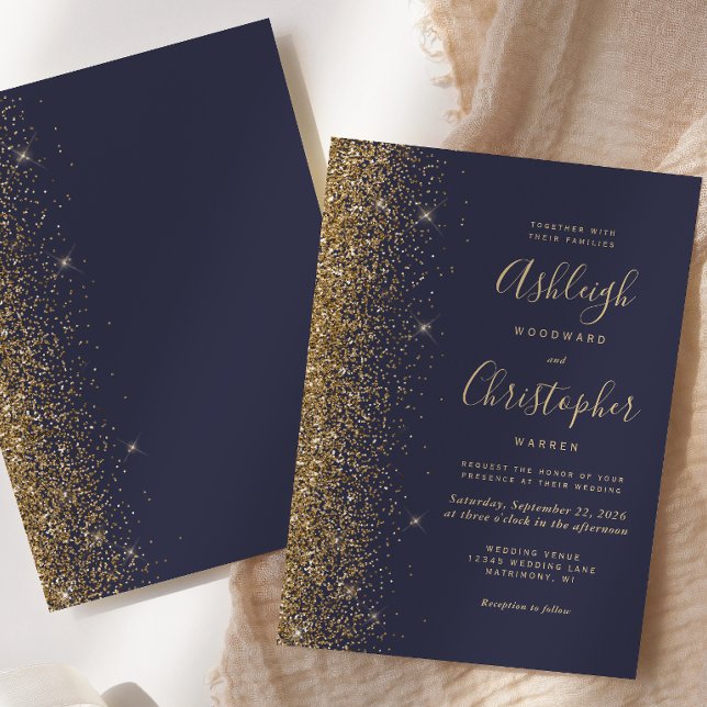 Modern Mörk Blå Guld Glitter Bröllop Inbjudningar (Skapare uppladdad)