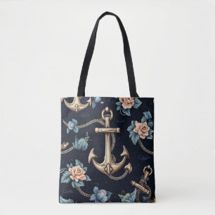 Modern Mörk blått Blommigt Anchor Seamless Mönster Tygkasse